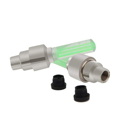 Bright LED tire valve caps creating an attractive light effect while in motion.