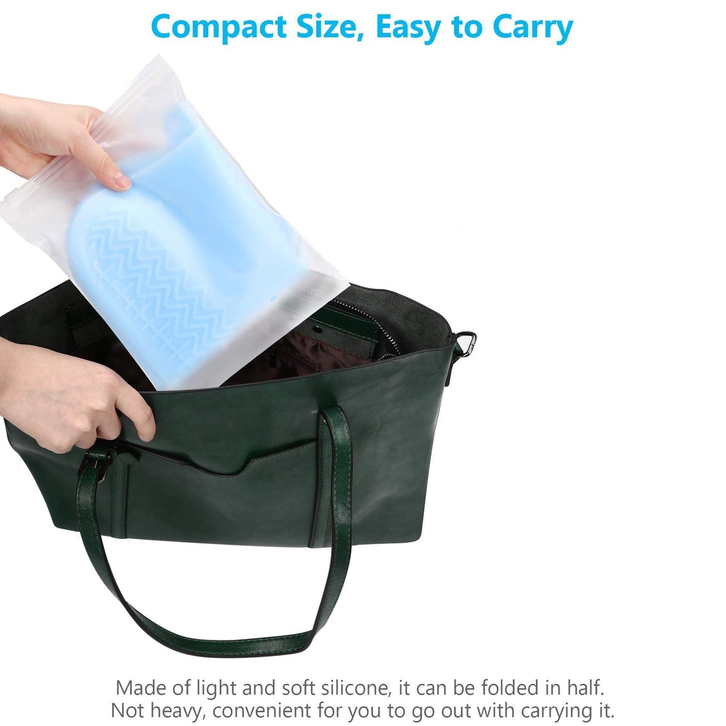 Hands placing a folded blue silicone shoe cover into a dark green handbag, illustrating its compact size for carrying.