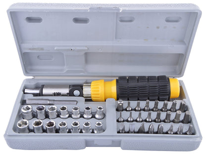 Close-up view of the chrome-finished carbon steel components within the 41-piece tool kit.