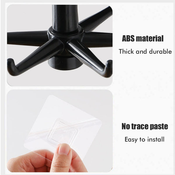 Set of two self-adhesive rotatable hooks, ready for use, in brown packaging.