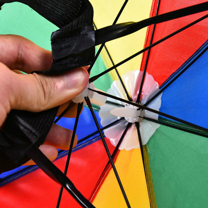 A hand adjusts the black elastic strap on the underside of a colorful red, yellow, green, and blue umbrella hat, revealing