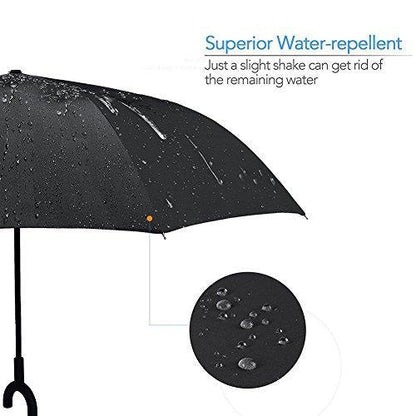A close-up of a black umbrella canopy with water droplets, highlighting its water-repellent surface.