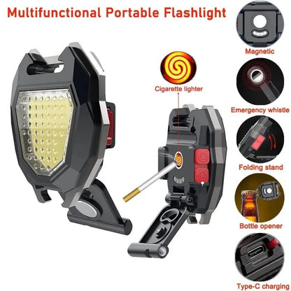 Outdoor scene showing the camping flashlight's built-in cigarette lighter in use.