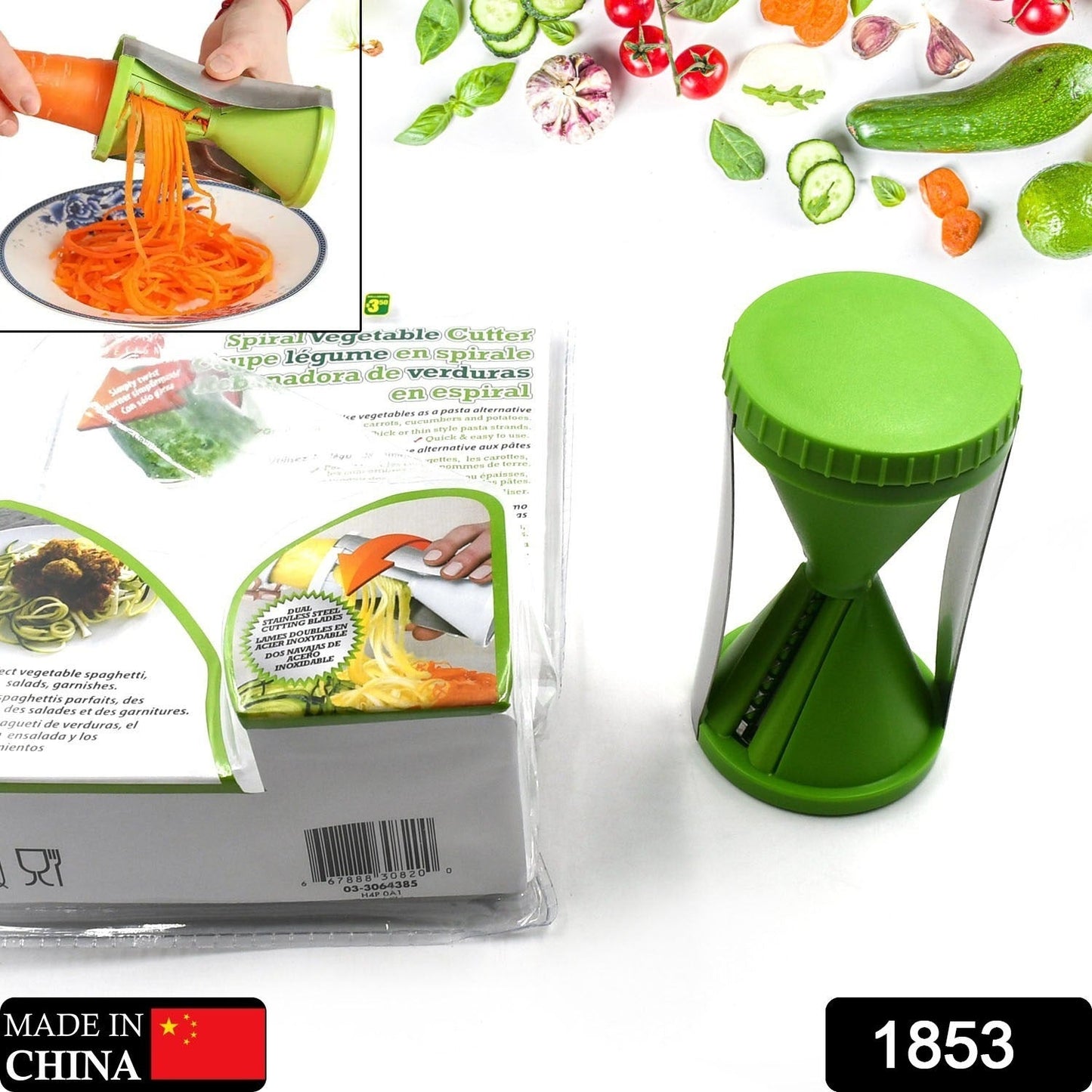 Handheld vegetable spiralizer creating long, thin strands of zucchini for a healthy meal