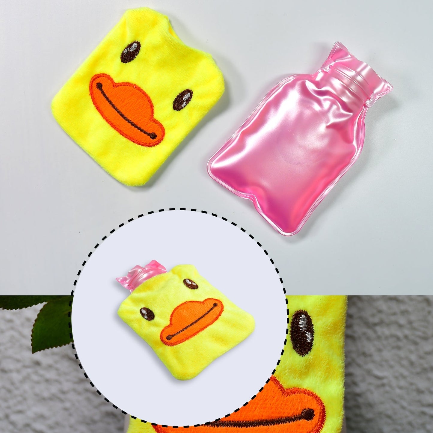 Person using the yellow duck hot water bag for neck pain relief.