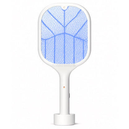 A white mosquito killer racket with a blue UV light and a red indicator light stands upright on a white background.