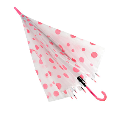 A partially closed white umbrella with pink polka dots and a pink curved handle is shown against a white background.