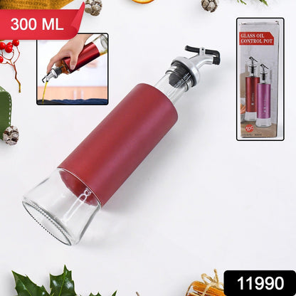 Multicolour glass oil dispenser with plastic cover in kitchen setting