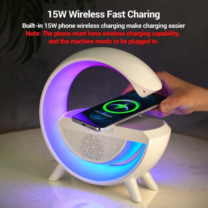 Side view of the multi-functional lamp, ready for wireless device charging.