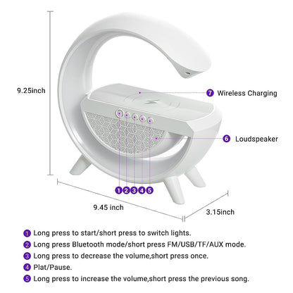 Close-up of the night lamp with Bluetooth speaker, highlighting its wireless charging pad.