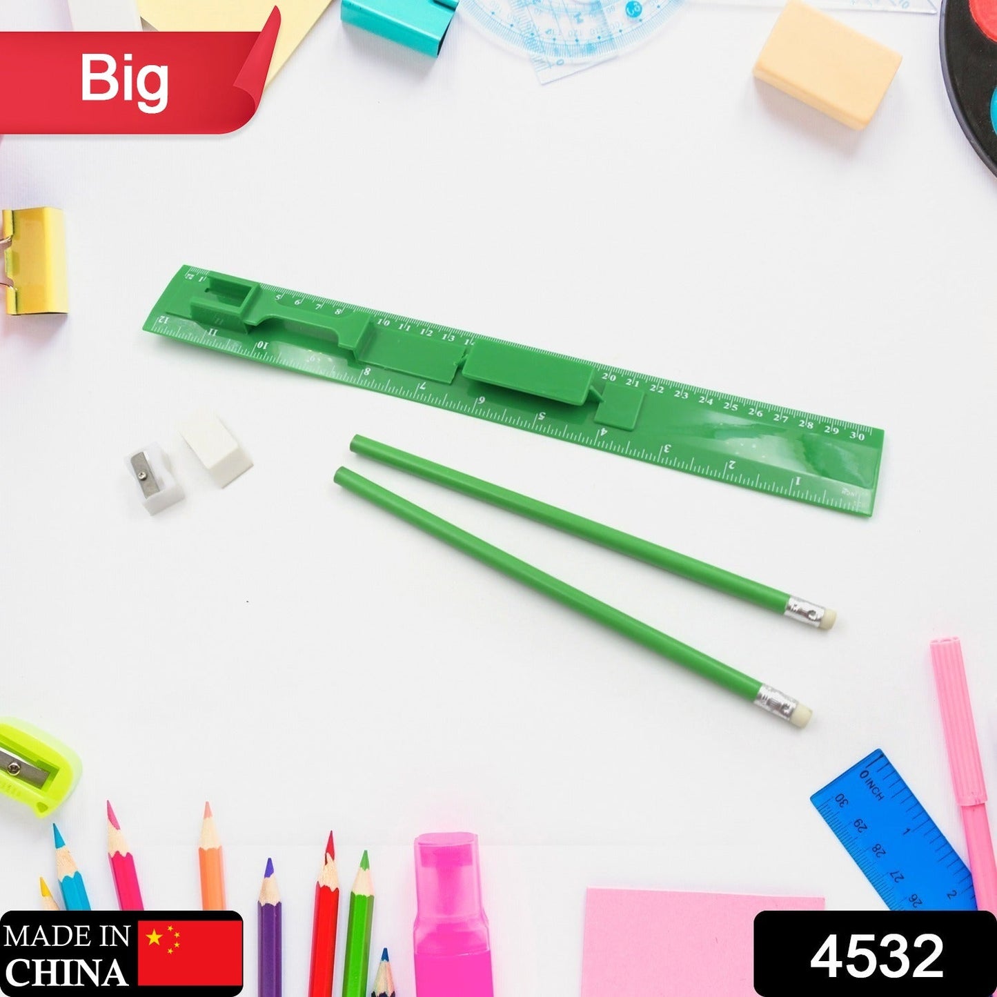 Complete 5-piece stationery kit with ruler, pencils, eraser, and sharpener.
