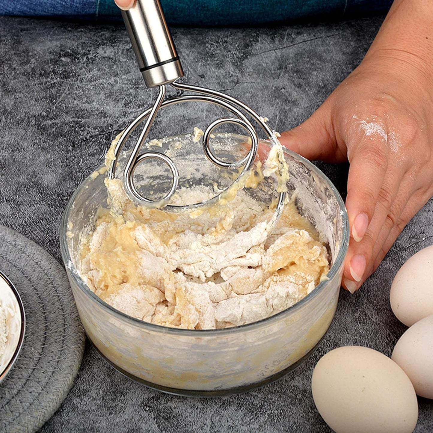 Heavy-duty stainless steel whisk, perfect for home bakers.