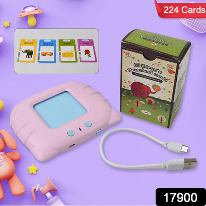 Close-up of a flash card from the learning machine showing words and pictures.