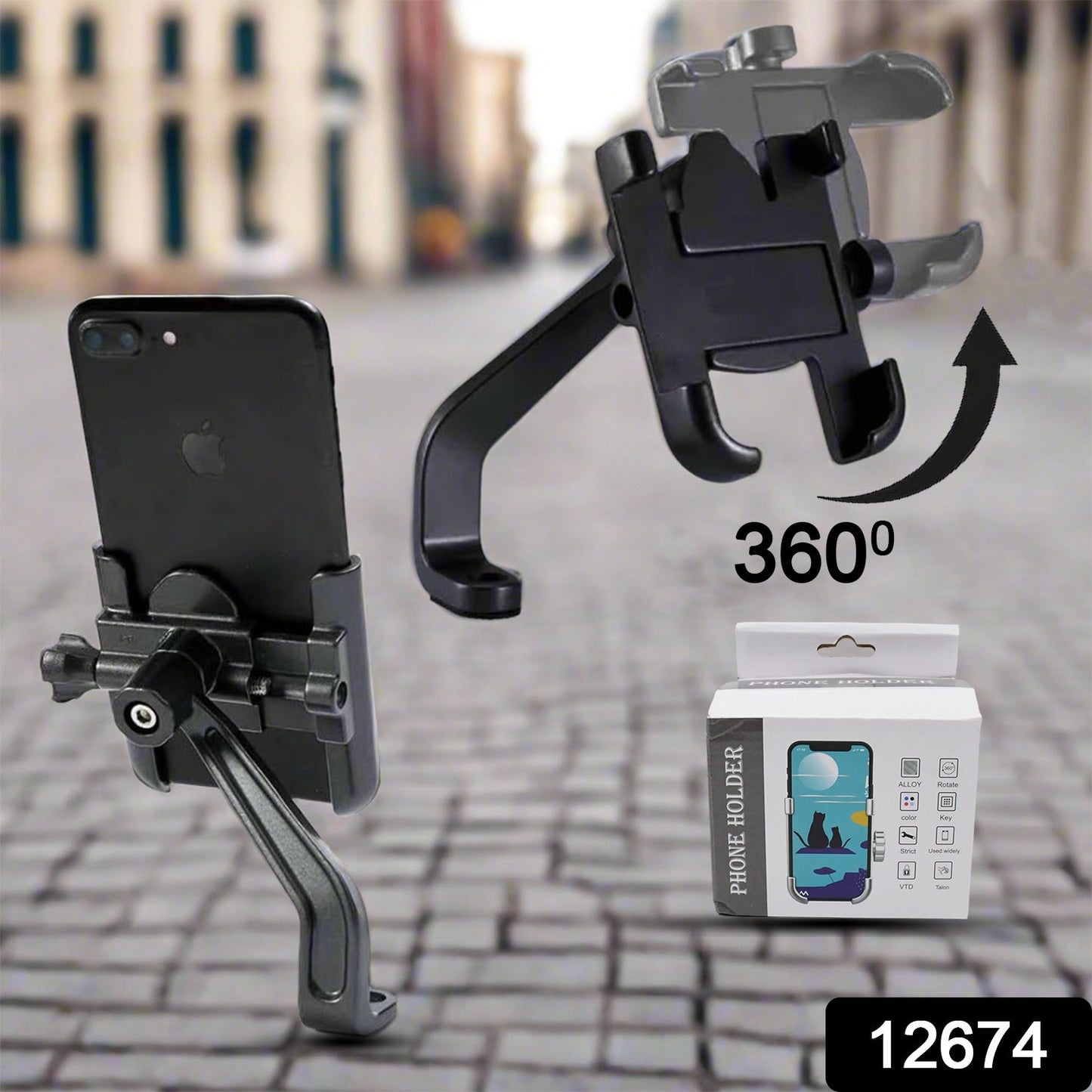 Bike mobile holder securely mounted on a motorcycle handlebar, ready for navigation.