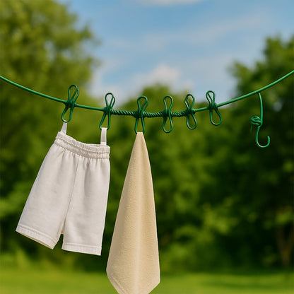 Compactly coiled portable clothes drying rope with metal clips for travel.