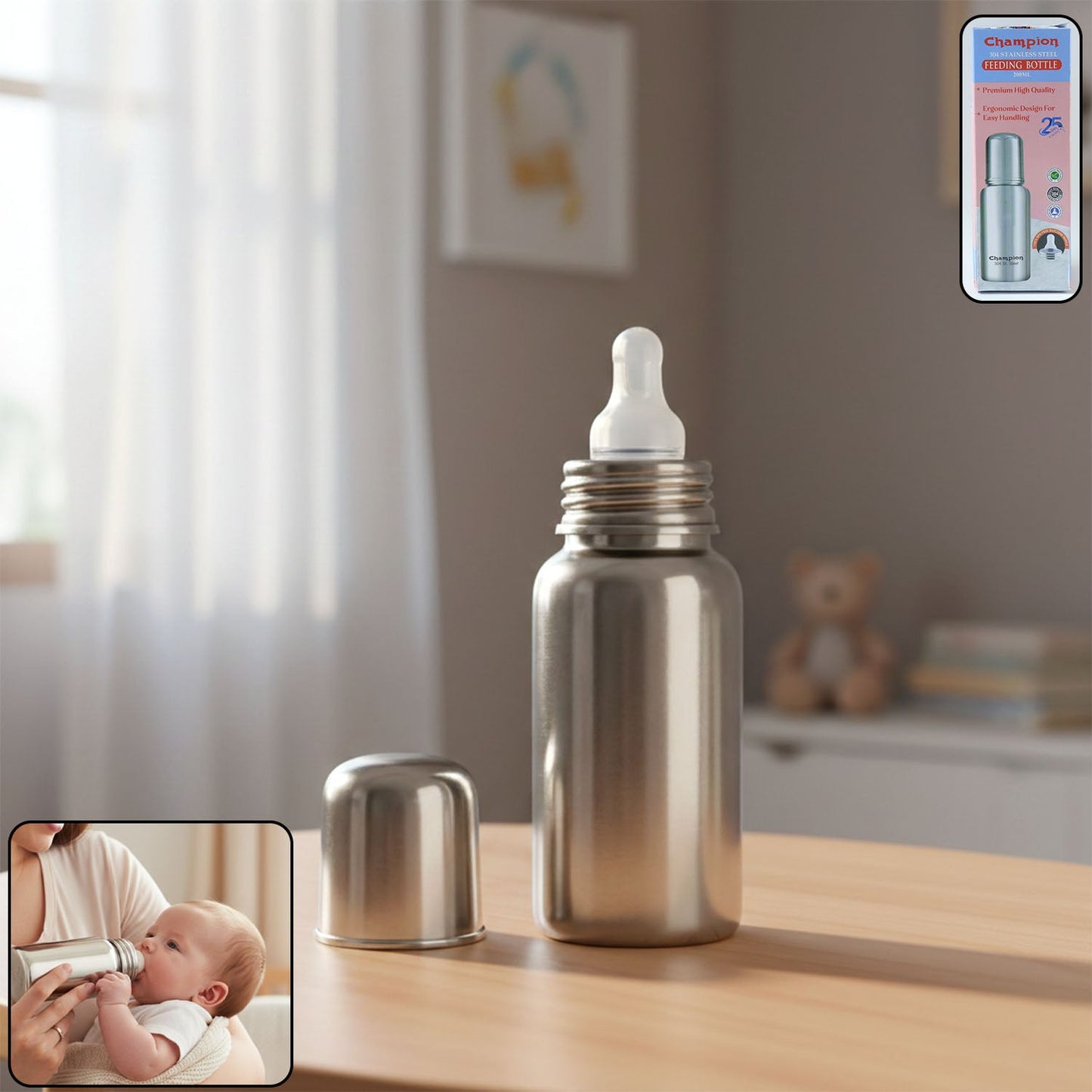 200ml stainless steel baby feeding bottle with soft silicone nipple