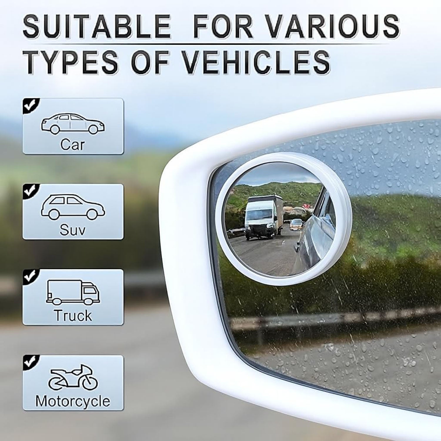 White round blind spot mirror set packaged in brown box