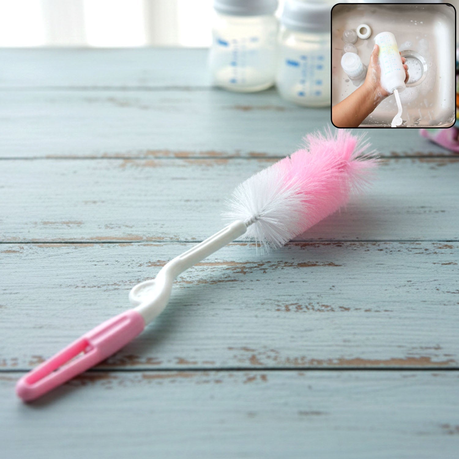 Bottle cleaning brush with 360 degree rotary handle for easy reach