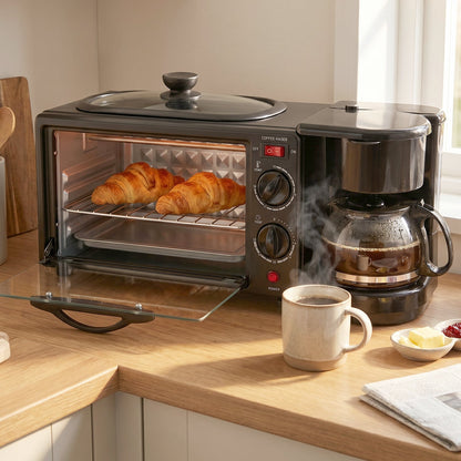 Side angle of the compact 3 in 1 breakfast maker in black