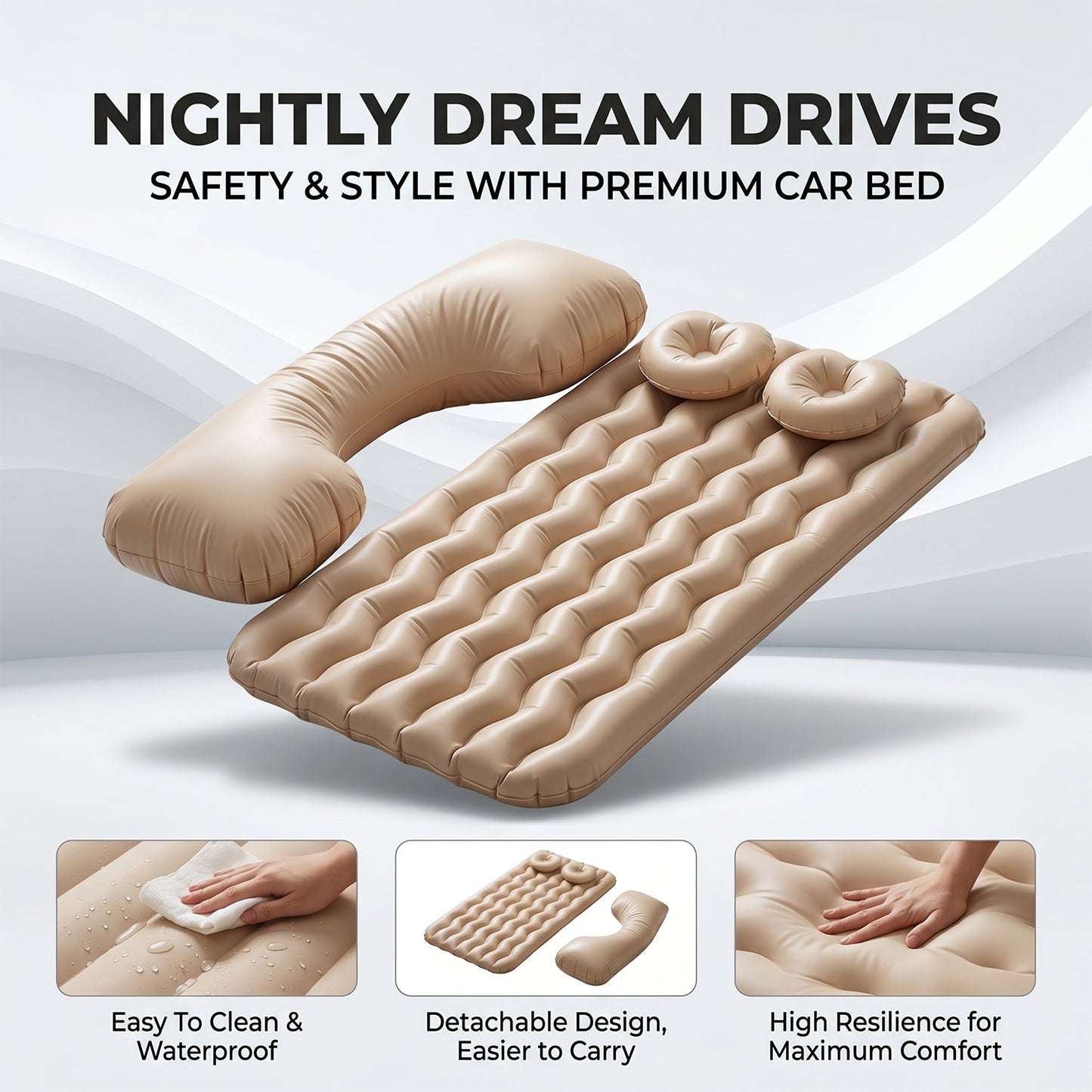 Car air mattress perfectly fitted in the vehicle's back seat.