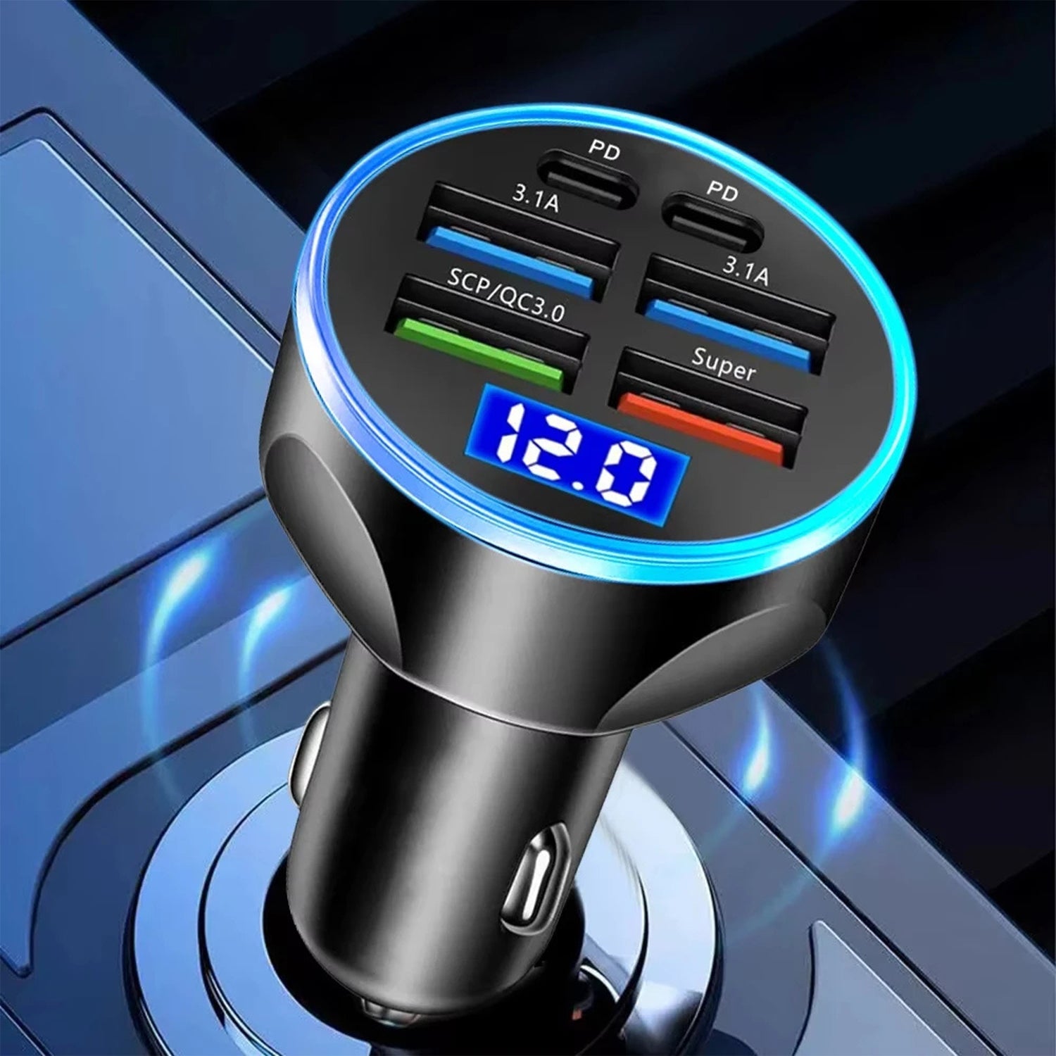 Alternative angle of multi-port fast USB car charger for 12/24V vehicles