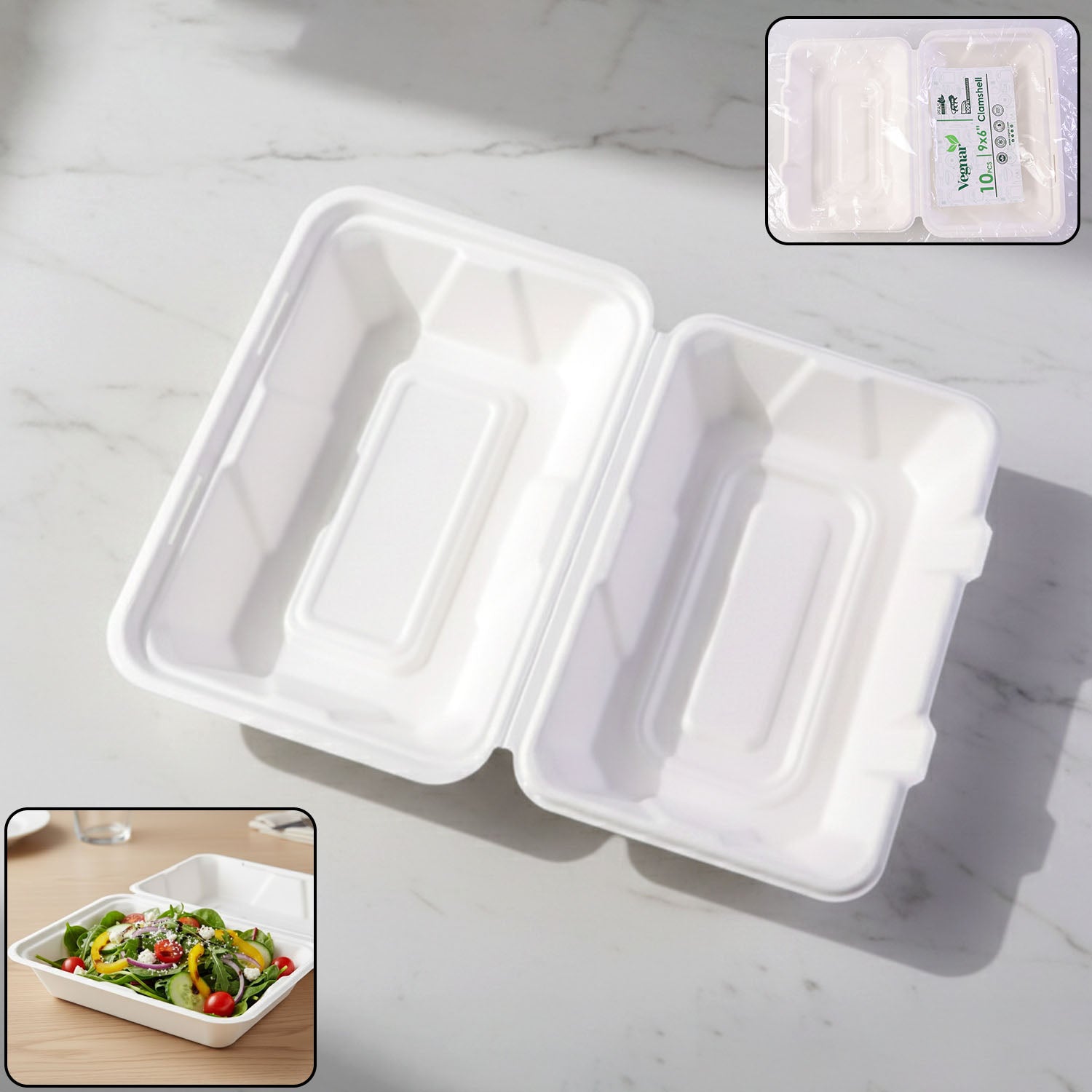 Vegnar 9x6 inch bagasse clamshell food box with hinged lid
