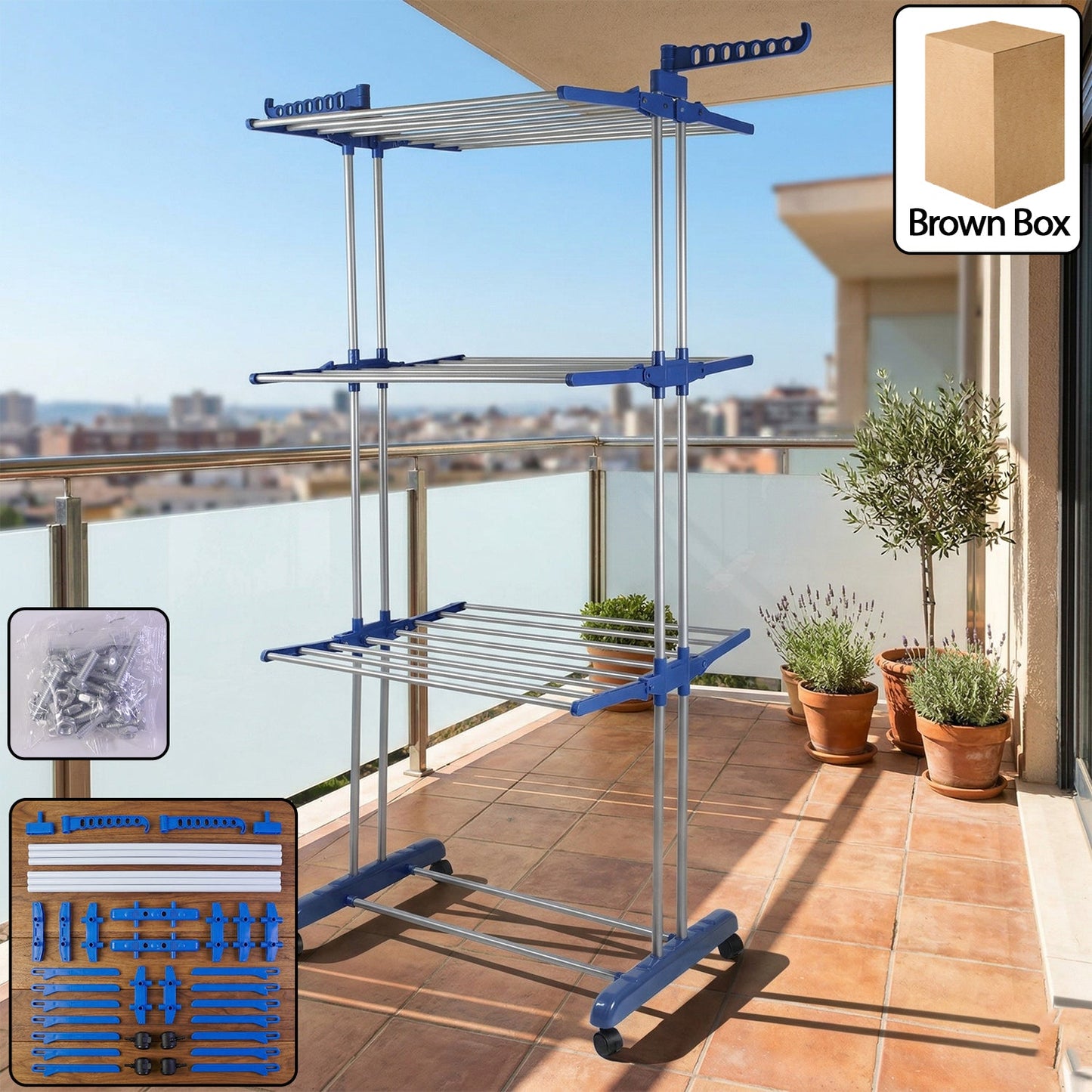 3-layer foldable clothes drying stand with wheels for easy mobility
