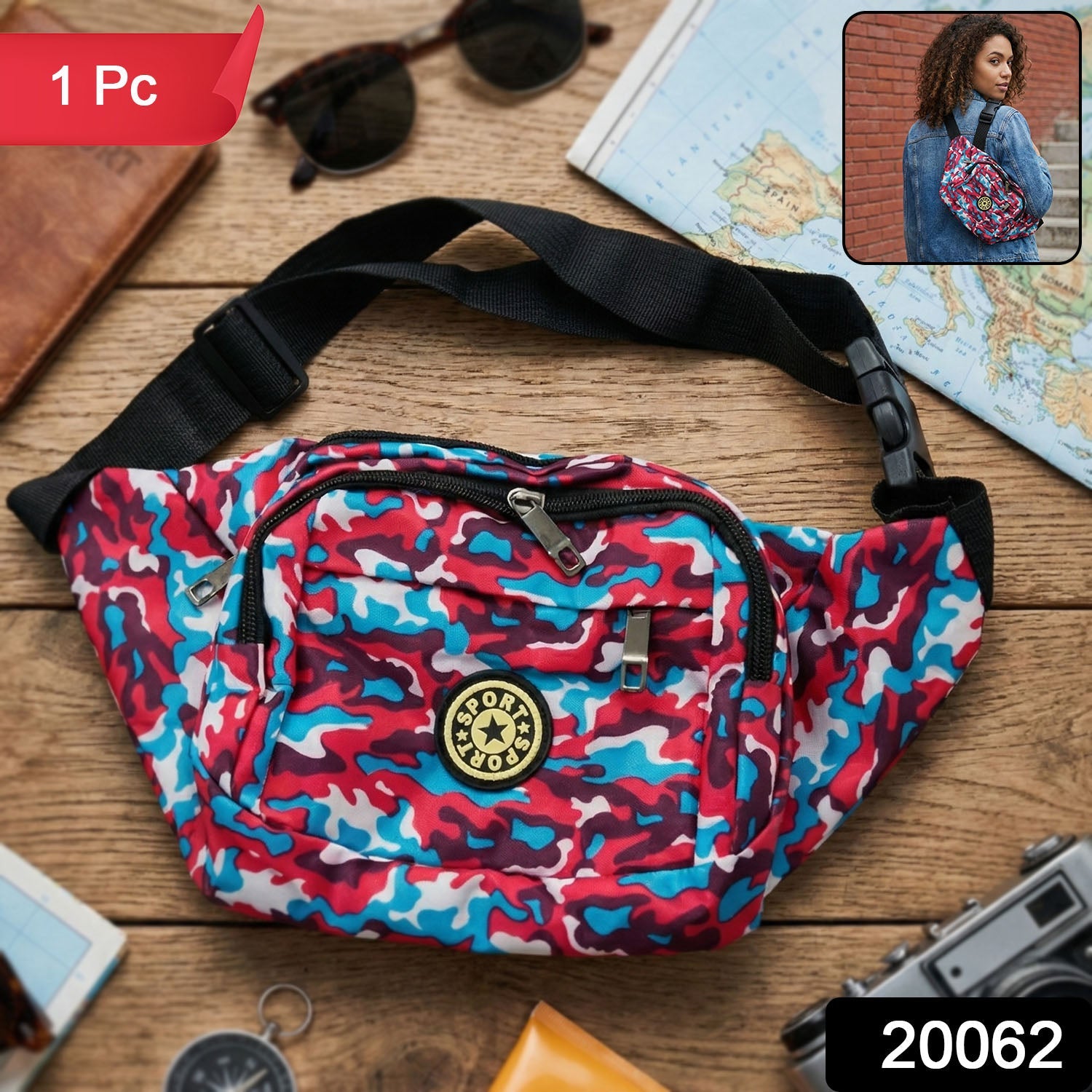 Camouflage style cross-body sling waist bag with secure zippers