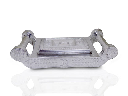 Elegant silver storage box with four sections for gifts and dry fruits.