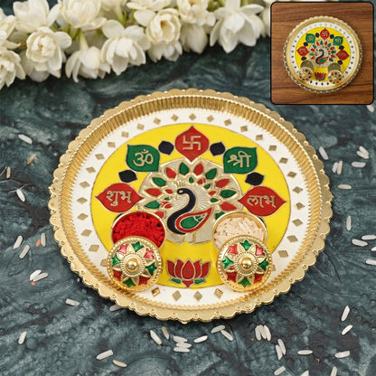 Big decorative pooja thali, golden meenakari puja plate with kumkum bowls (1 pc)