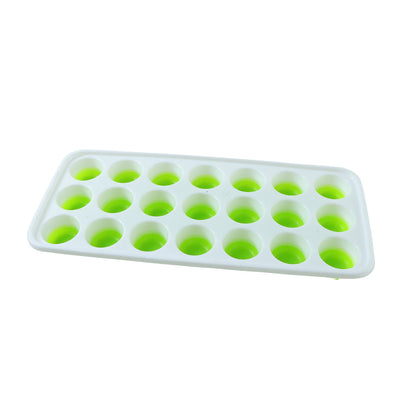 Ice cube tray with lid displaying freshly frozen round ice cubes, suitable for drinks.