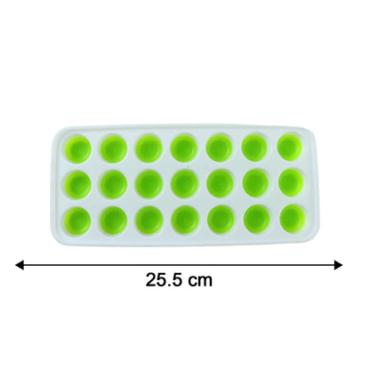 Measurement graphic showing the dimensions of the plastic 21-grid ice cube tray.