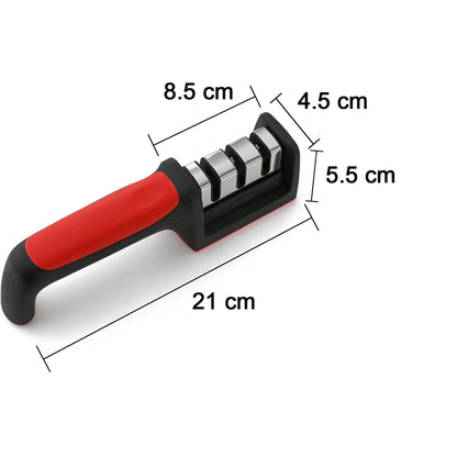 Diagram showing dimensions of the 3-stage knife sharpener in centimeters.