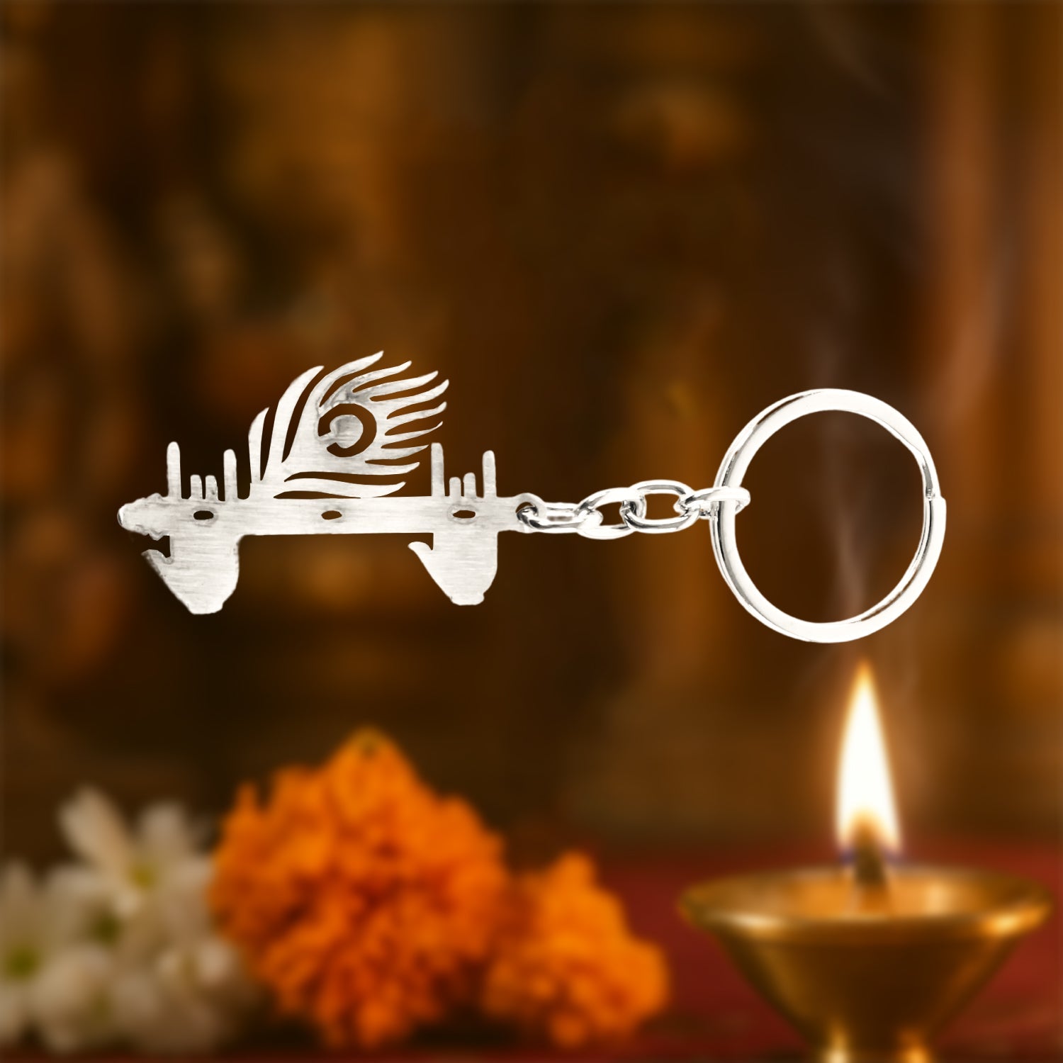 Back view of the Krishna Flute Keychain, showcasing its sturdy metal construction.