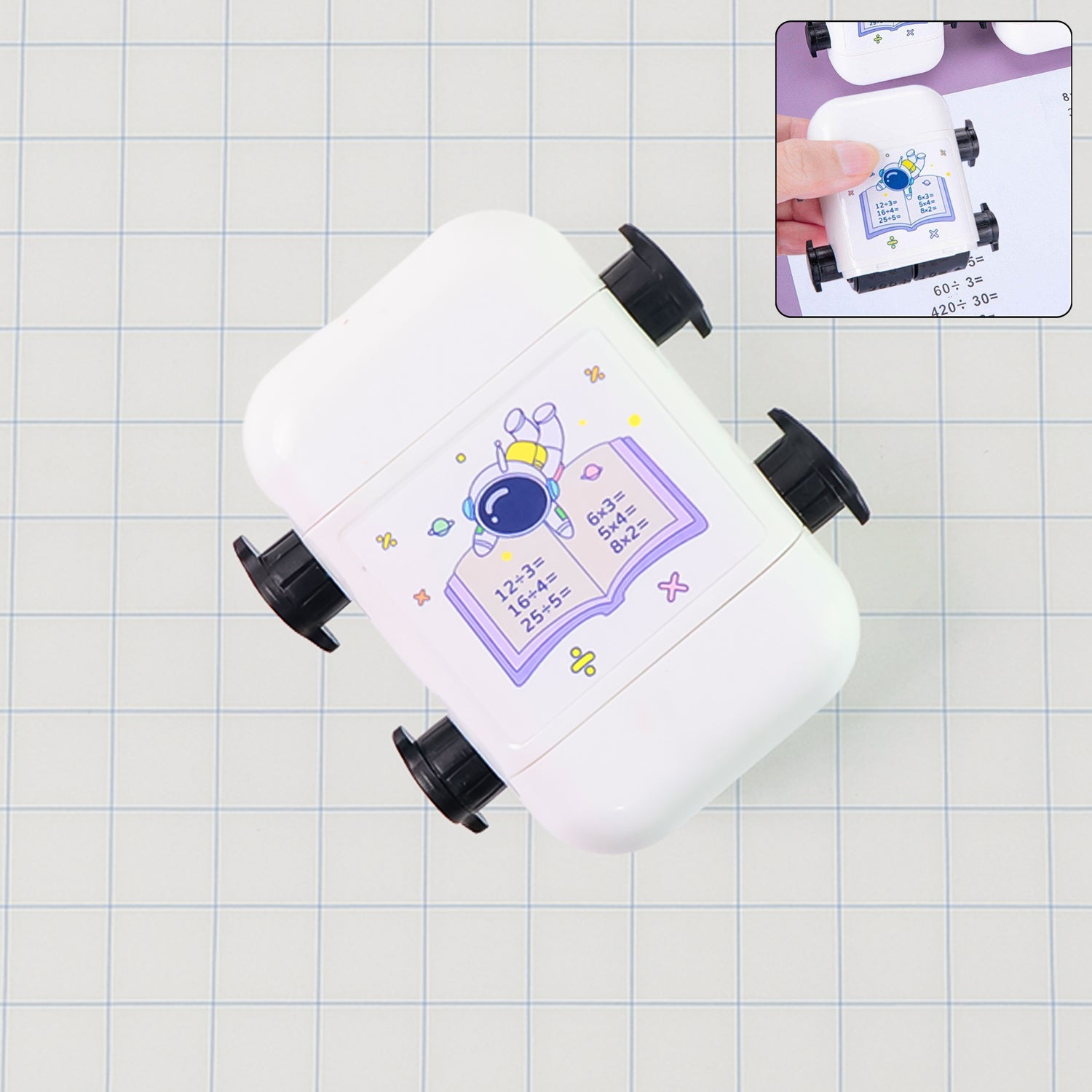 Astronaut-themed math problem rolling stamp for kids