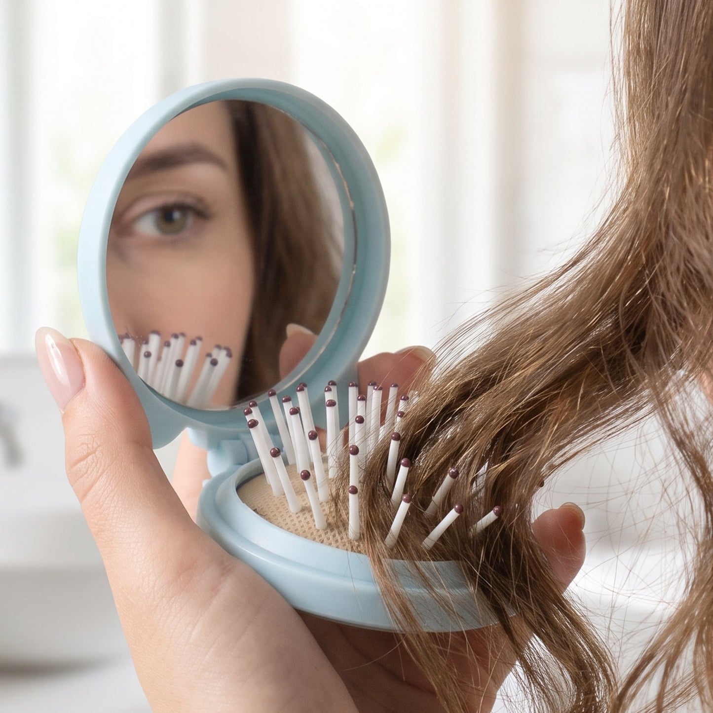 Handy pop up hair brush with mirror for travel and office