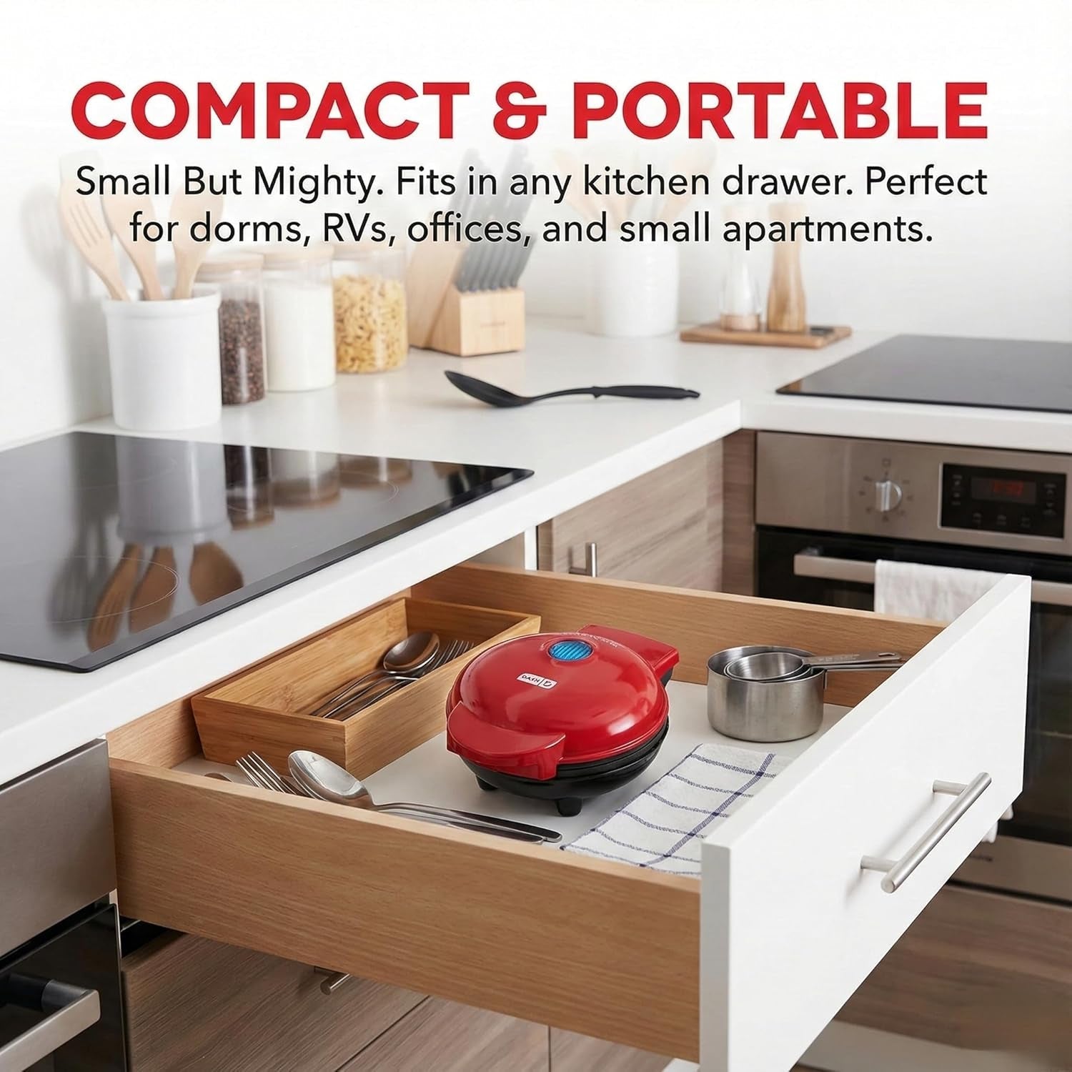 Mini Waffle Maker heating up with the indicator light on, ready to cook.