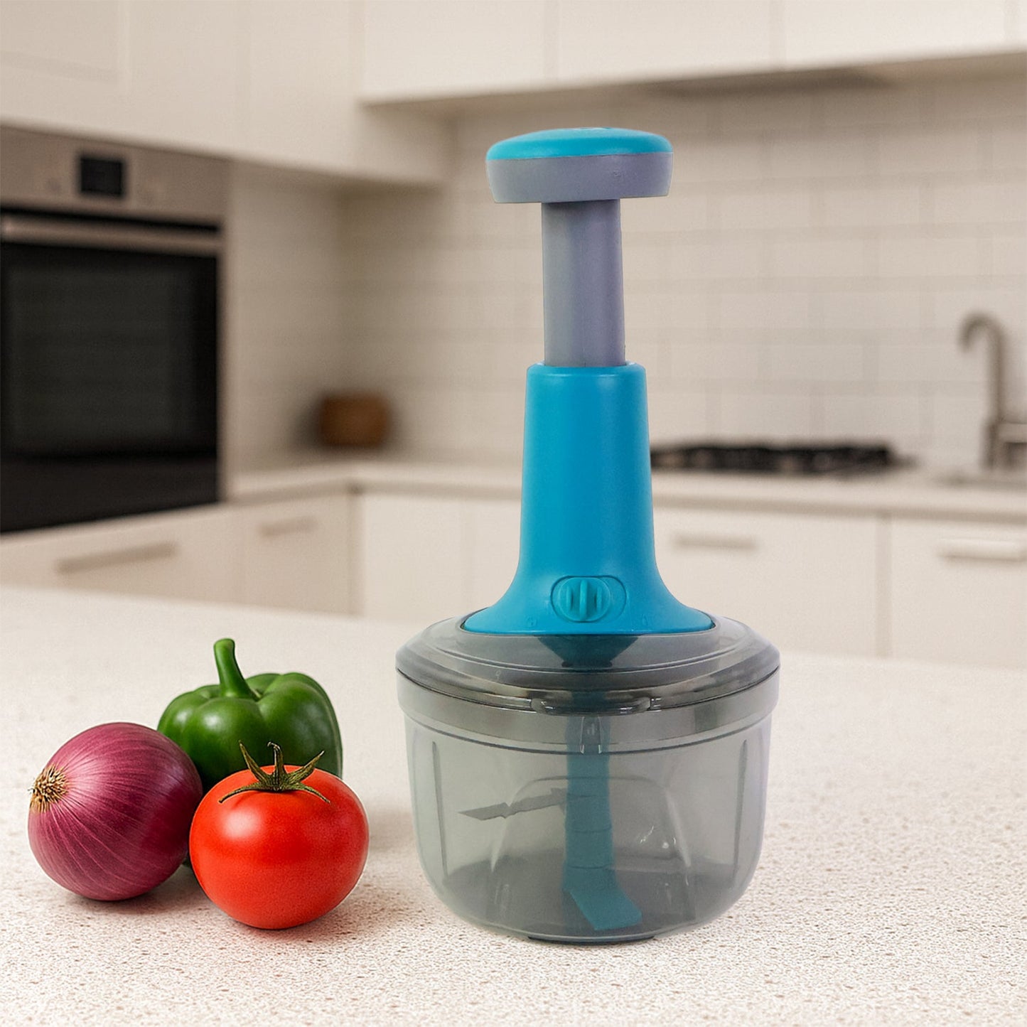 Disassembled parts of manual push chopper for easy cleaning.