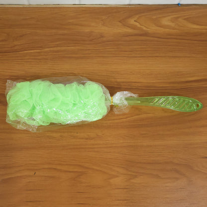 Full view of the bath loofah brush, showcasing its mesh sponge and long handle.