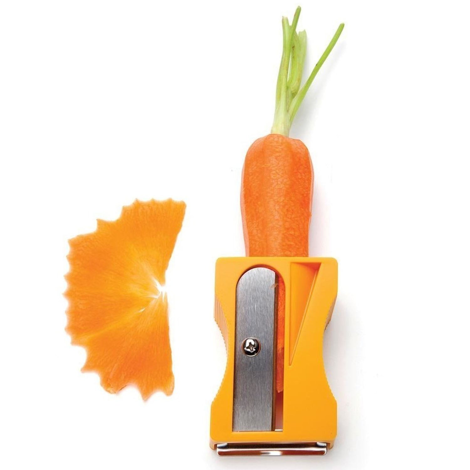 Handheld vegetable peeler tool at an angle in kitchen