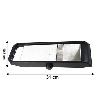 Rear view of the Supermom adjustable slicer, highlighting its sturdy plastic construction.