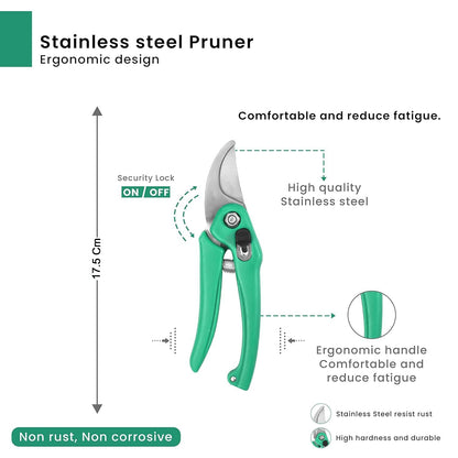 Efficiently cutting green shrub branches with Cisora garden pruning shears.