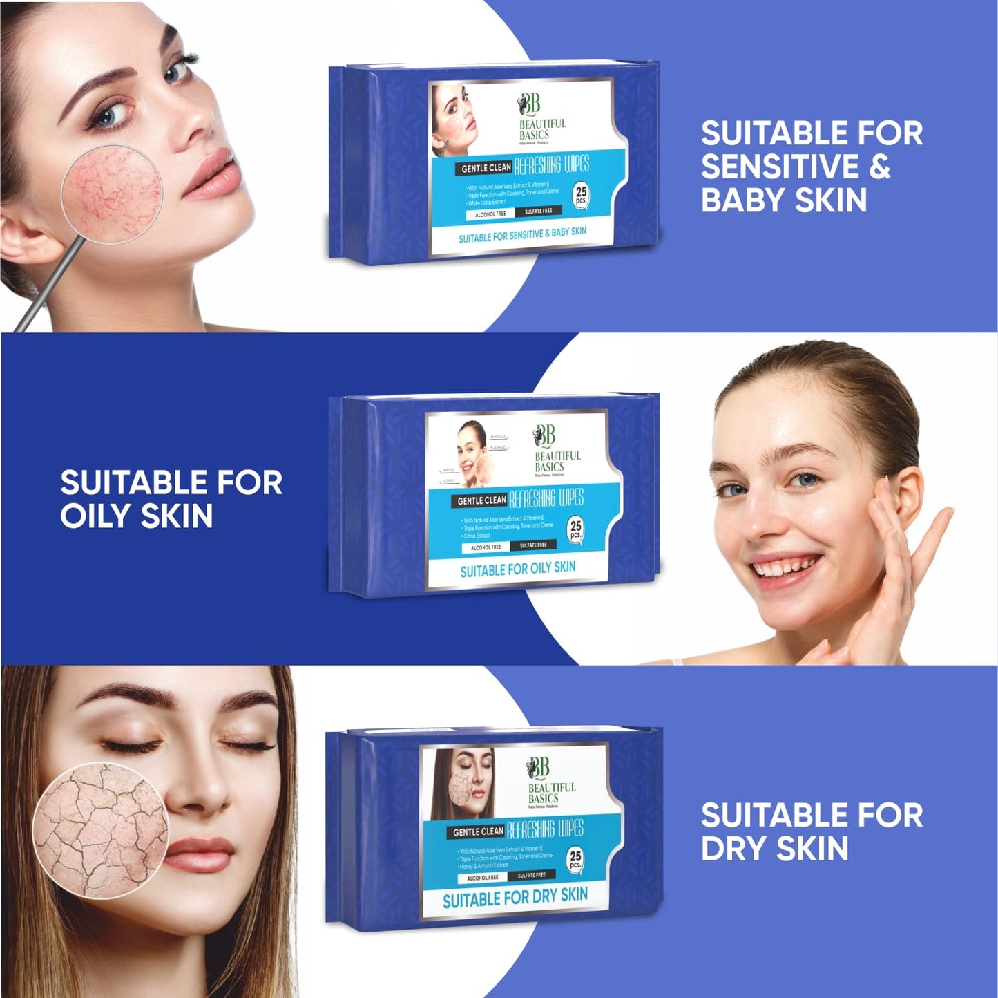 Front view of Beautiful Basics Wet Face Wipes packaging, showcasing the design.