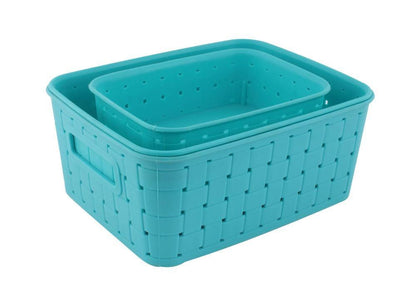 Three sky blue food-grade plastic storage baskets, ideal for kitchen and home.
