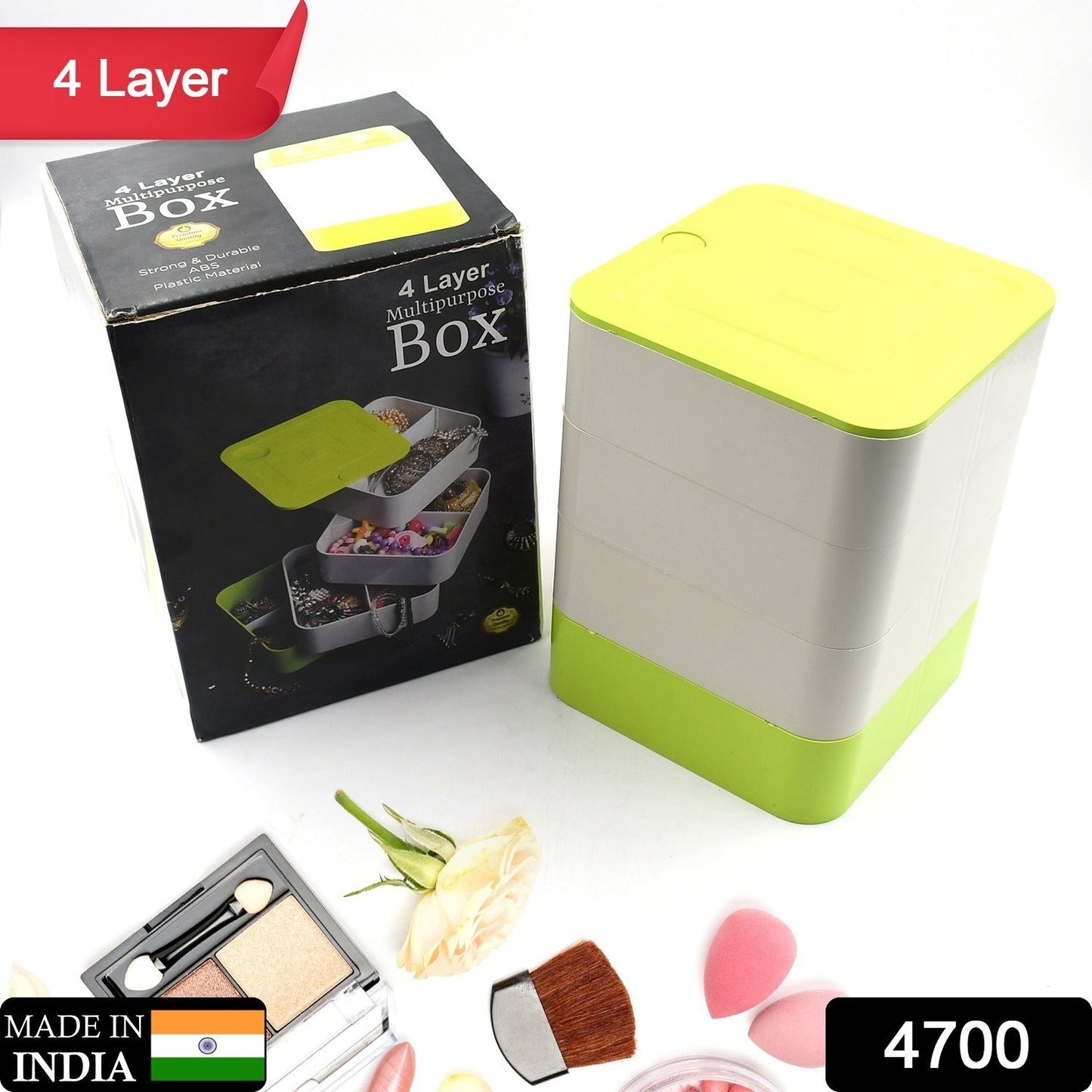 Close-up of the 360-degree Rotating Jewelry Box, showcasing its four spacious layers.