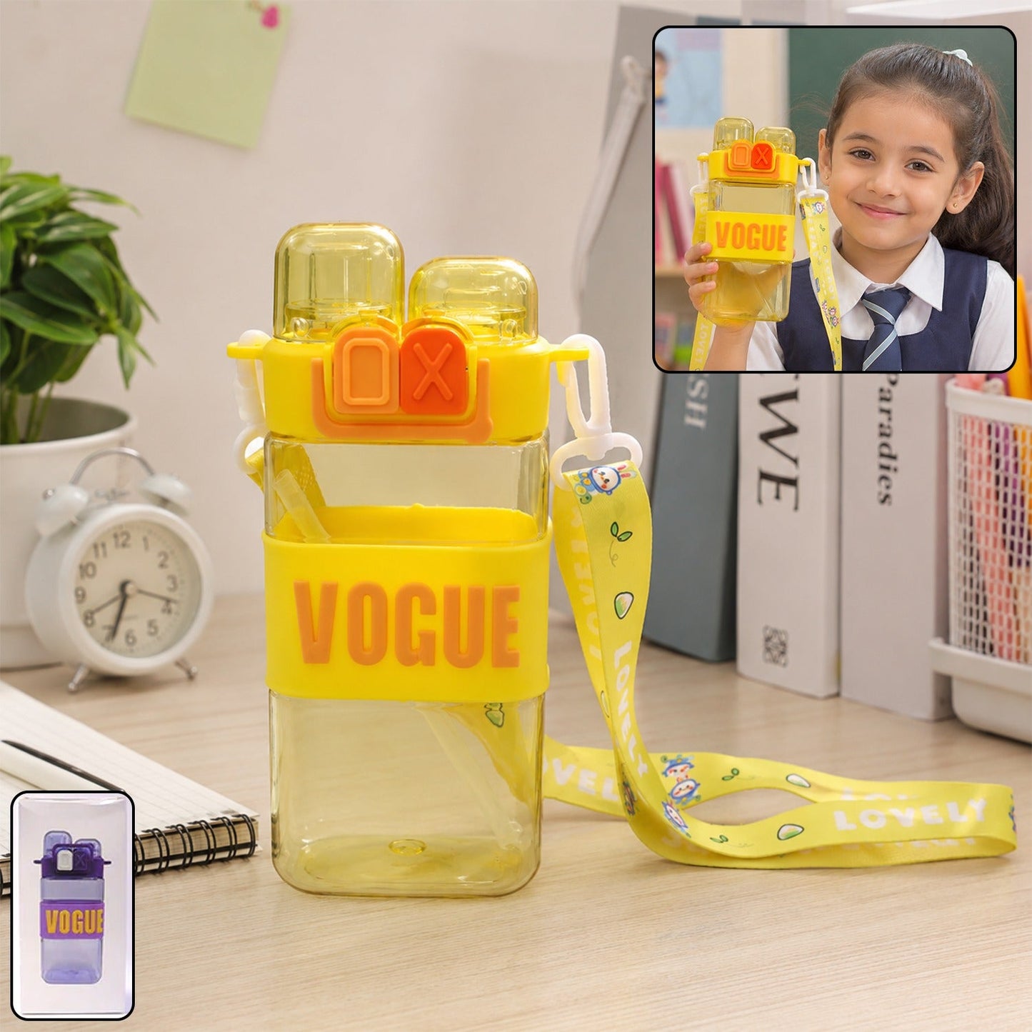 Girls dual compartment plastic water bottle with a straw and carry strap.