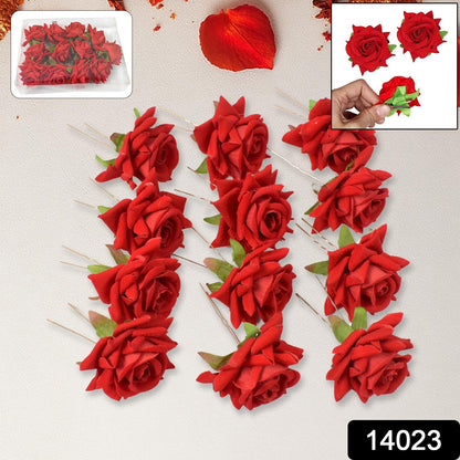 Close-up of a vibrant red rose hair pin, showcasing its realistic flower design.