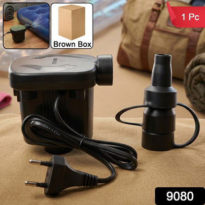 Compact portable electric air pump ready for inflating pool floats and air beds.