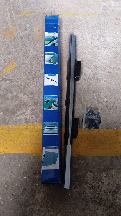 Product packaging of the car windshield sun shade highlighting key features.