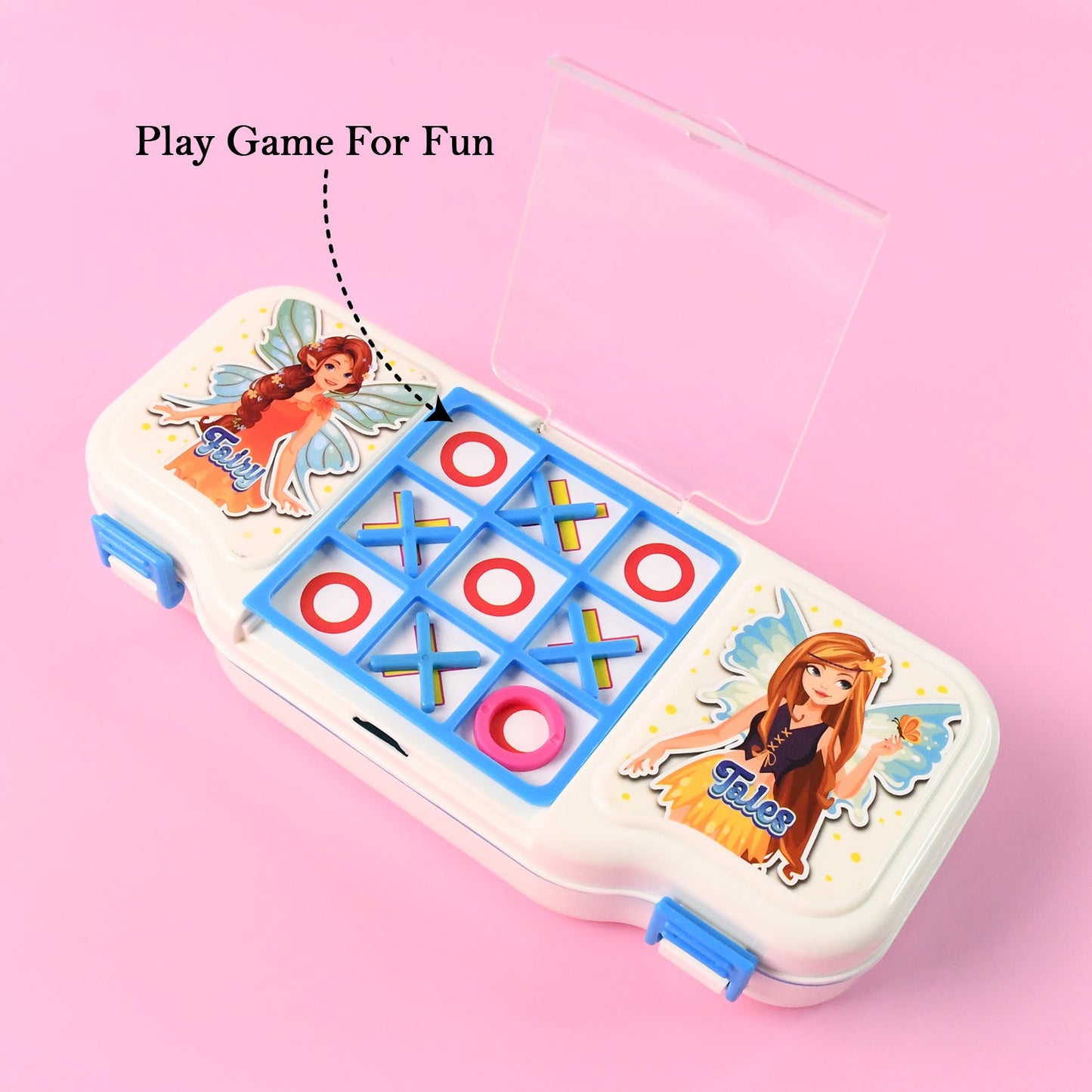 Sturdy pencil box with game-based playful lid for school children